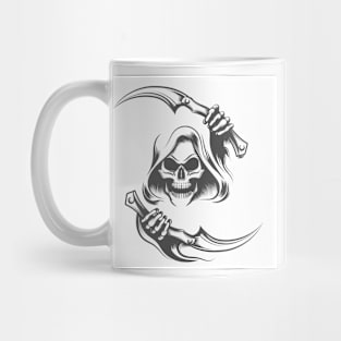 Skull in the Hood with Two Scythes Tattoo Mug